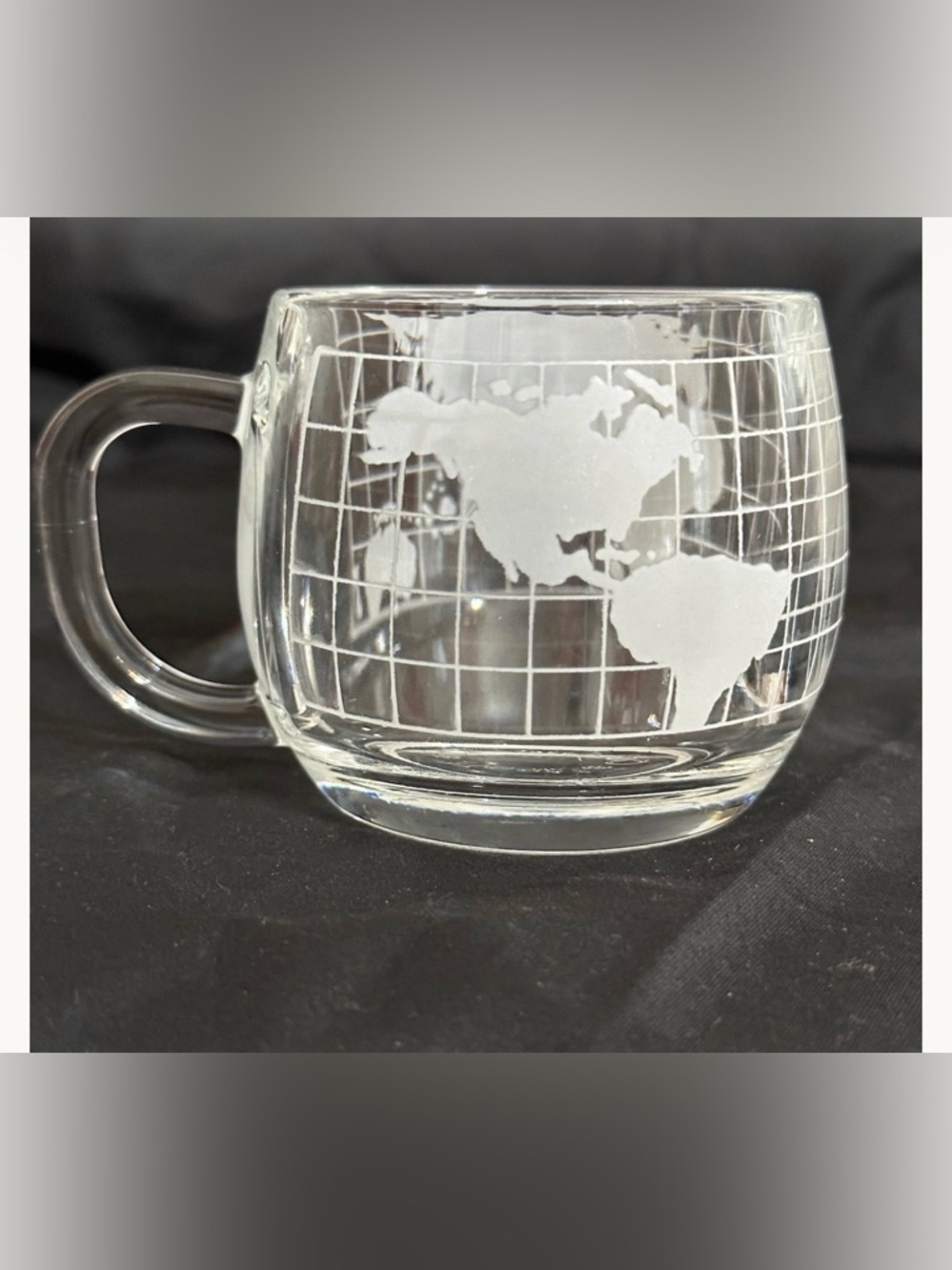 Vintage 70s etched glass World mug cup